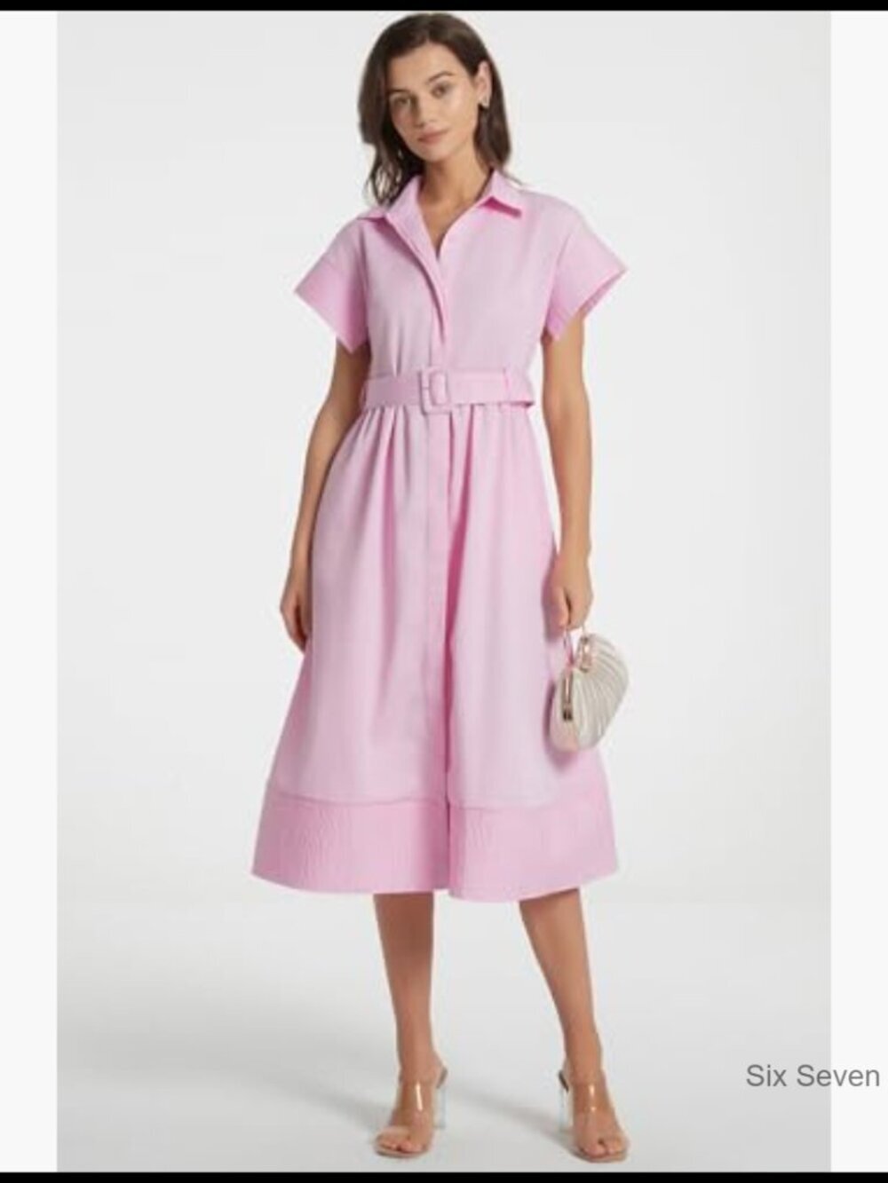 Polyester Cotton Button Down Shirt Dress with Belt Casual Midi Dress - Picture 5 of 7